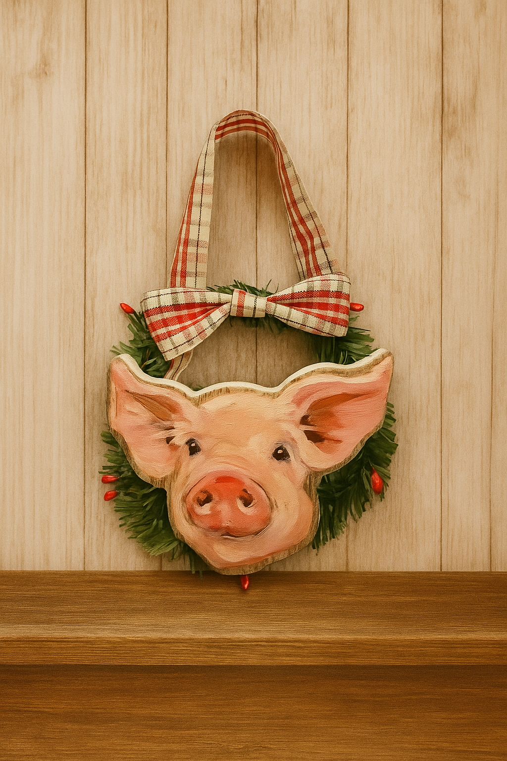 Wood Pig Farm Wreath Ornament
