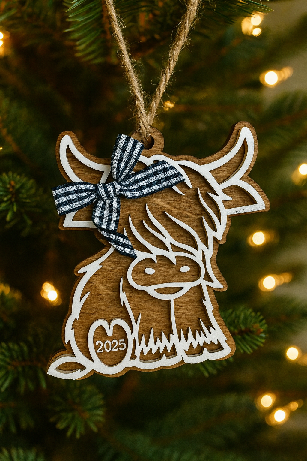 Handmade Highland Cow Ornament | Black/White Plaid