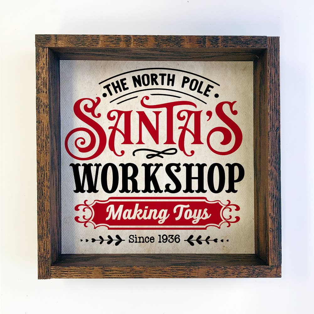 Santa's Workshop Red & Black - Cute Framed Holiday Word Sign: 11x11"