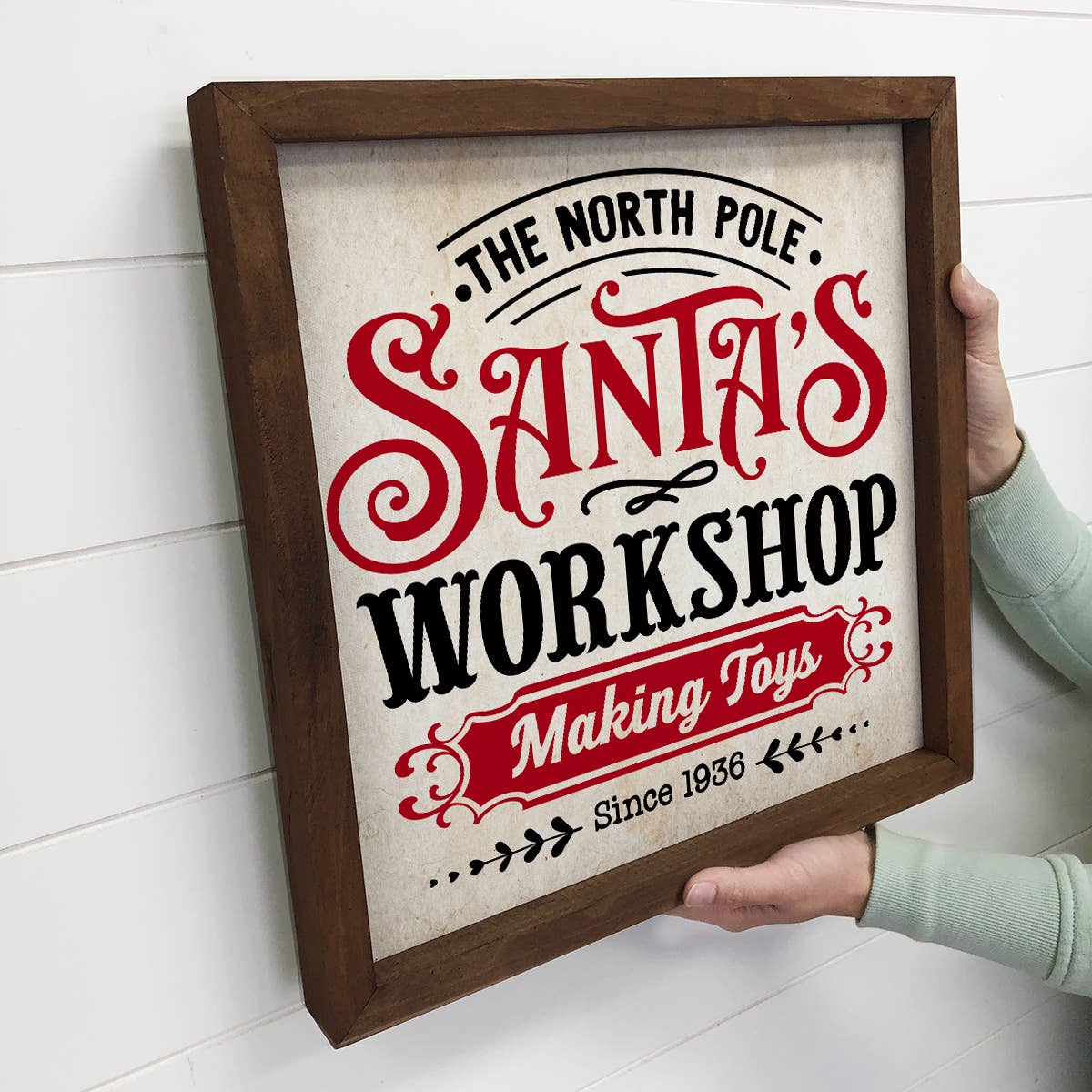 Santa's Workshop Red & Black - Cute Framed Holiday Word Sign: 11x11"