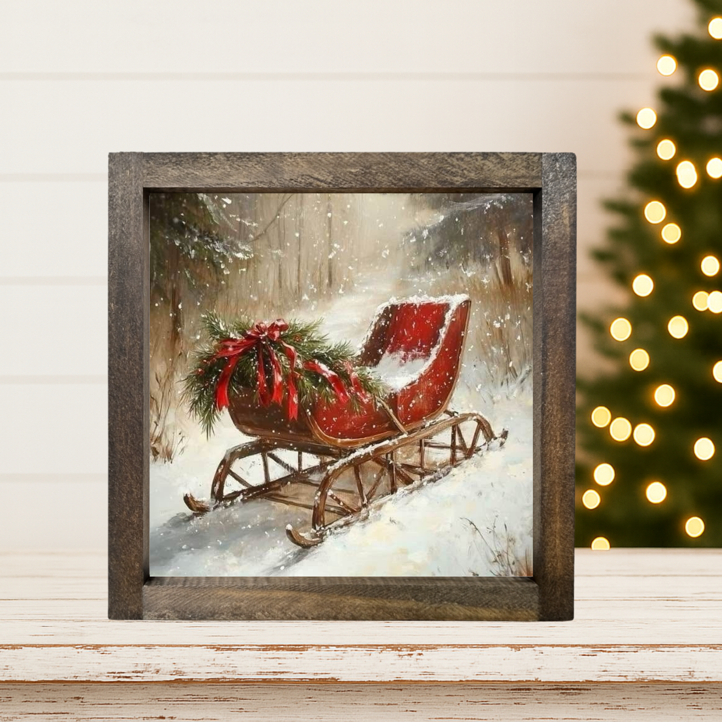 Red Snowy Sleigh Framed Sign
