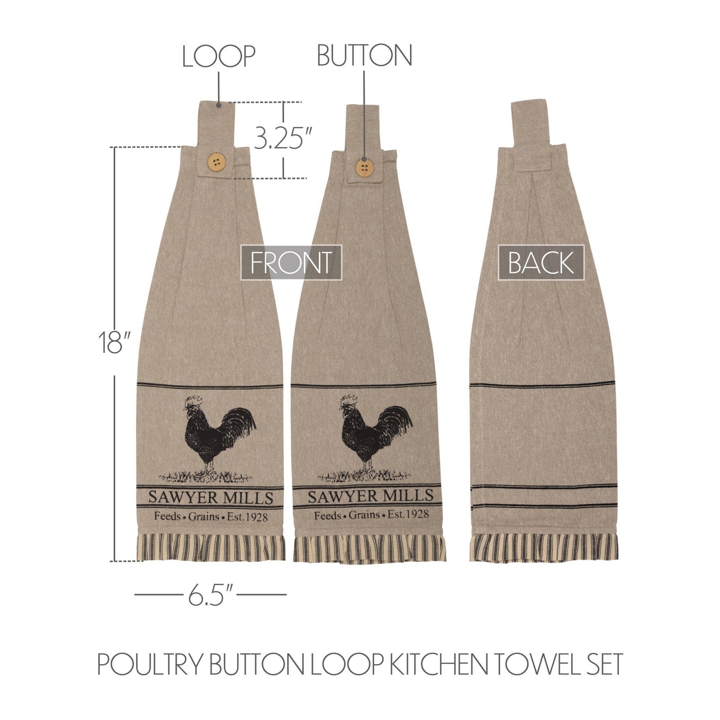 Sawyer Mill Charcoal Poultry Button Loop Tea Towel Set of 2
