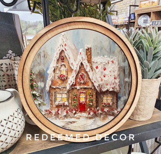 8" Round Gingerbread Cottage Art
