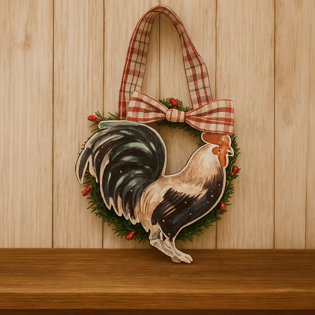 Wood Rooster Farm Wreath Ornament