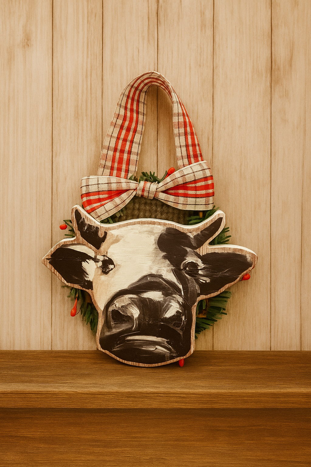 Wood Cow Farm Wreath Ornament
