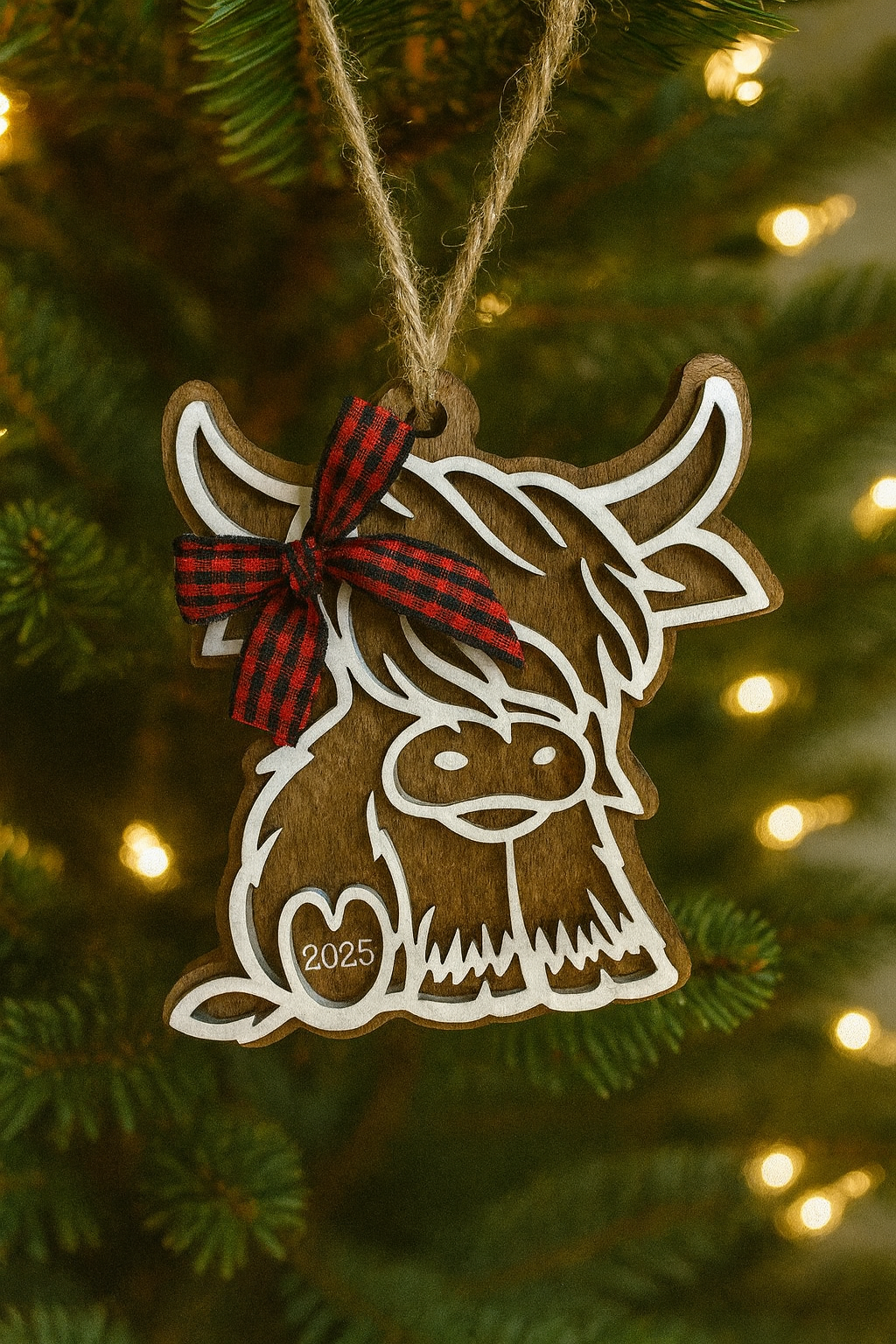 Handmade Highland Cow Ornament | Black/Red Plaid