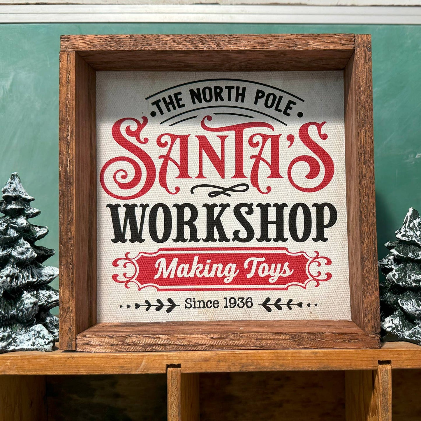 Santa's Workshop Red & Black - Cute Framed Holiday Word Sign: 11x11"