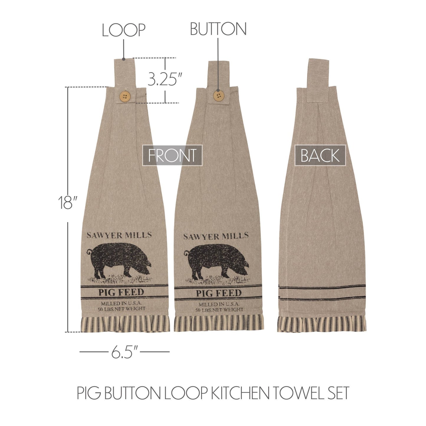 Sawyer Mill Charcoal Pig Button Loop Tea Towel Set of 2